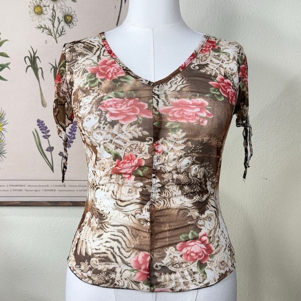 Vintage 90s Y2k Sheer Floral Lettuce Hem Tie Sleeve Mesh Top Fairy Grunge S